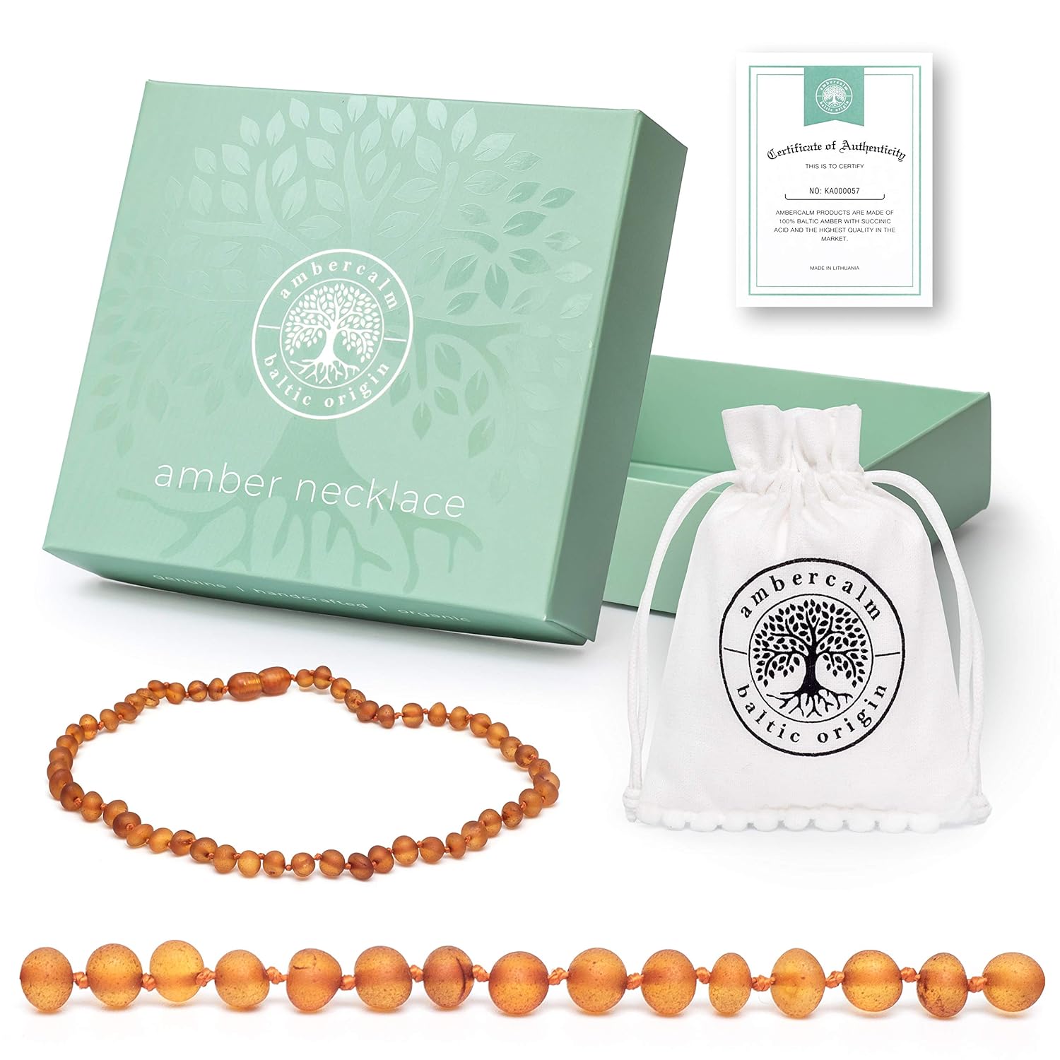 Raw cognac Baltic amber necklace with its green box, pouch, and certificate